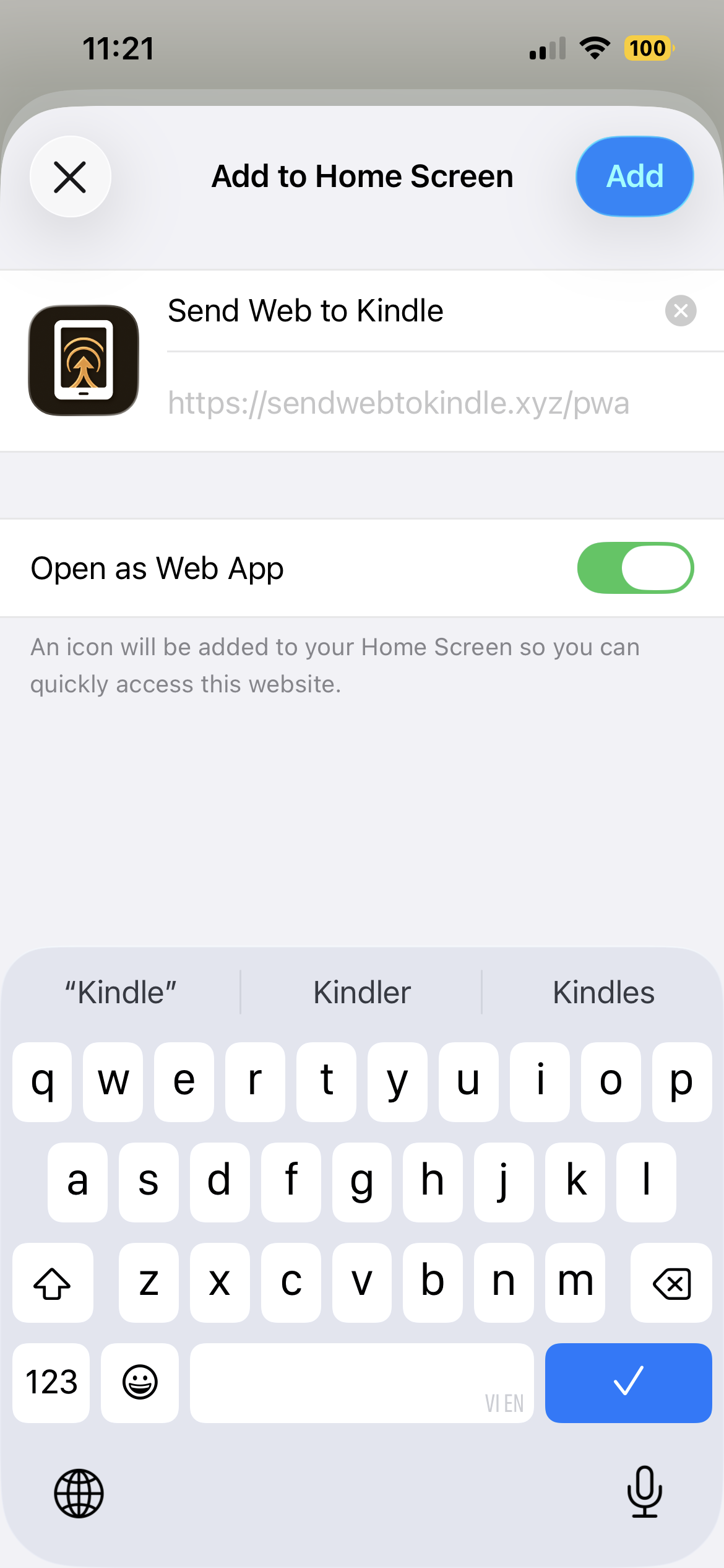 Toggle Open as Web App and tap Add
