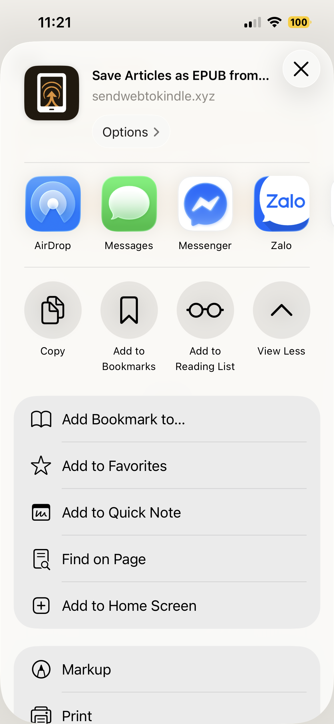 Expand share sheet options and select Add to Home Screen