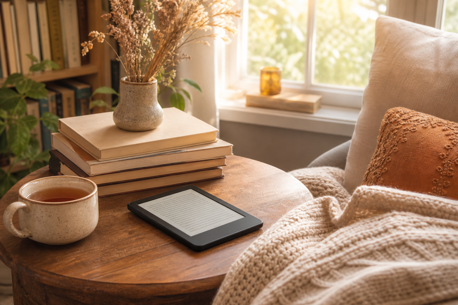 A cozy reading nook with books, a Kindle e-reader, and morning sunlight