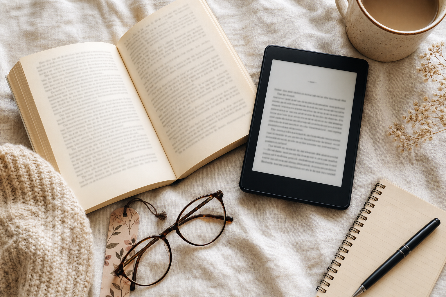A reading setup with a book, Kindle, glasses, and notebook on a cream cloth