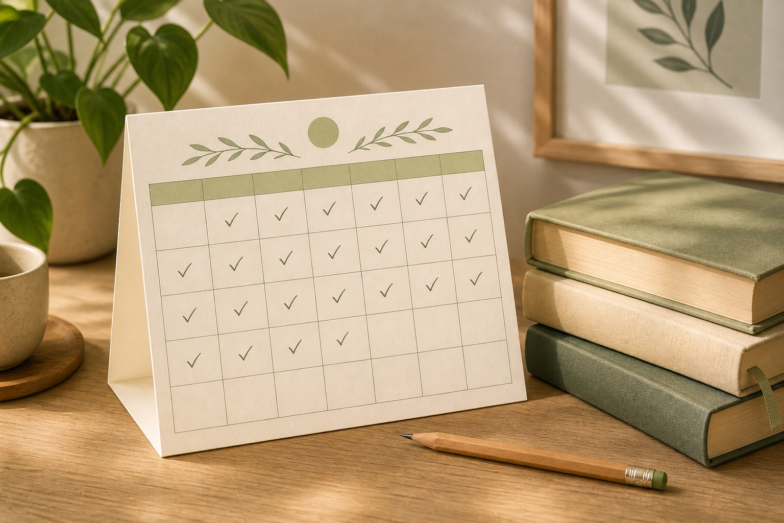 A reading tracker calendar with checkmarks and a small stack of books