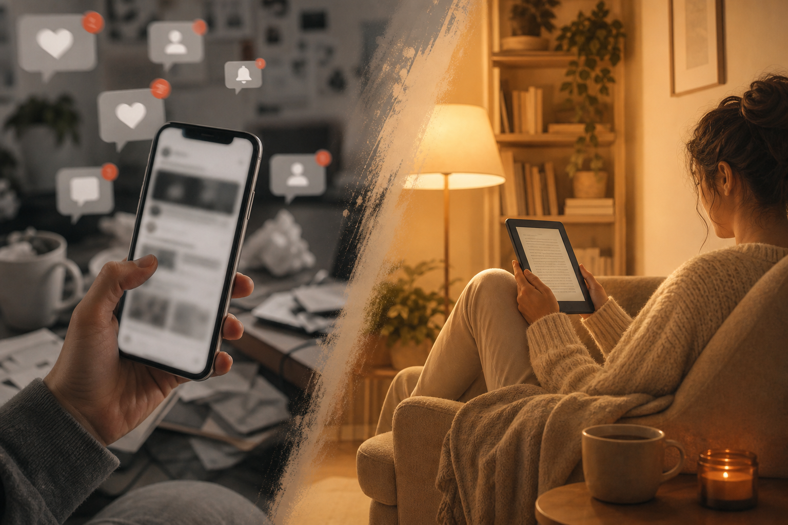 Contrast between a distracting phone and calm focused reading on a Kindle