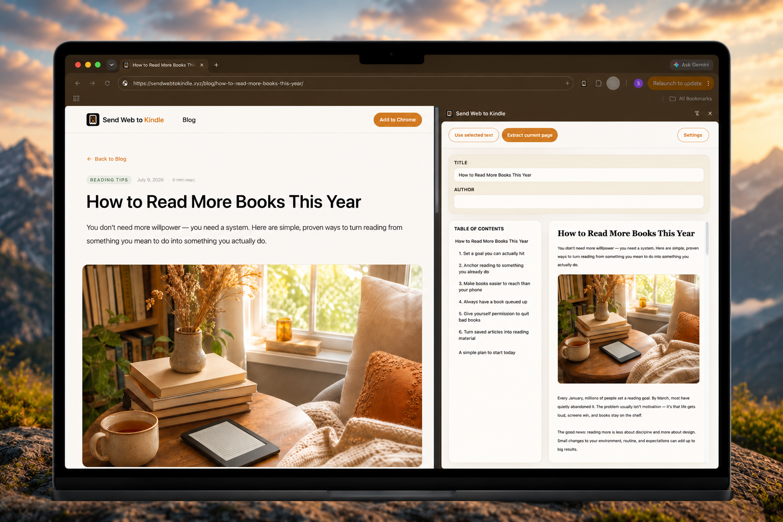Send Web to Kindle extension popup open on an article page in Chrome, showing the 'Send to Kindle' button ready to be clicked