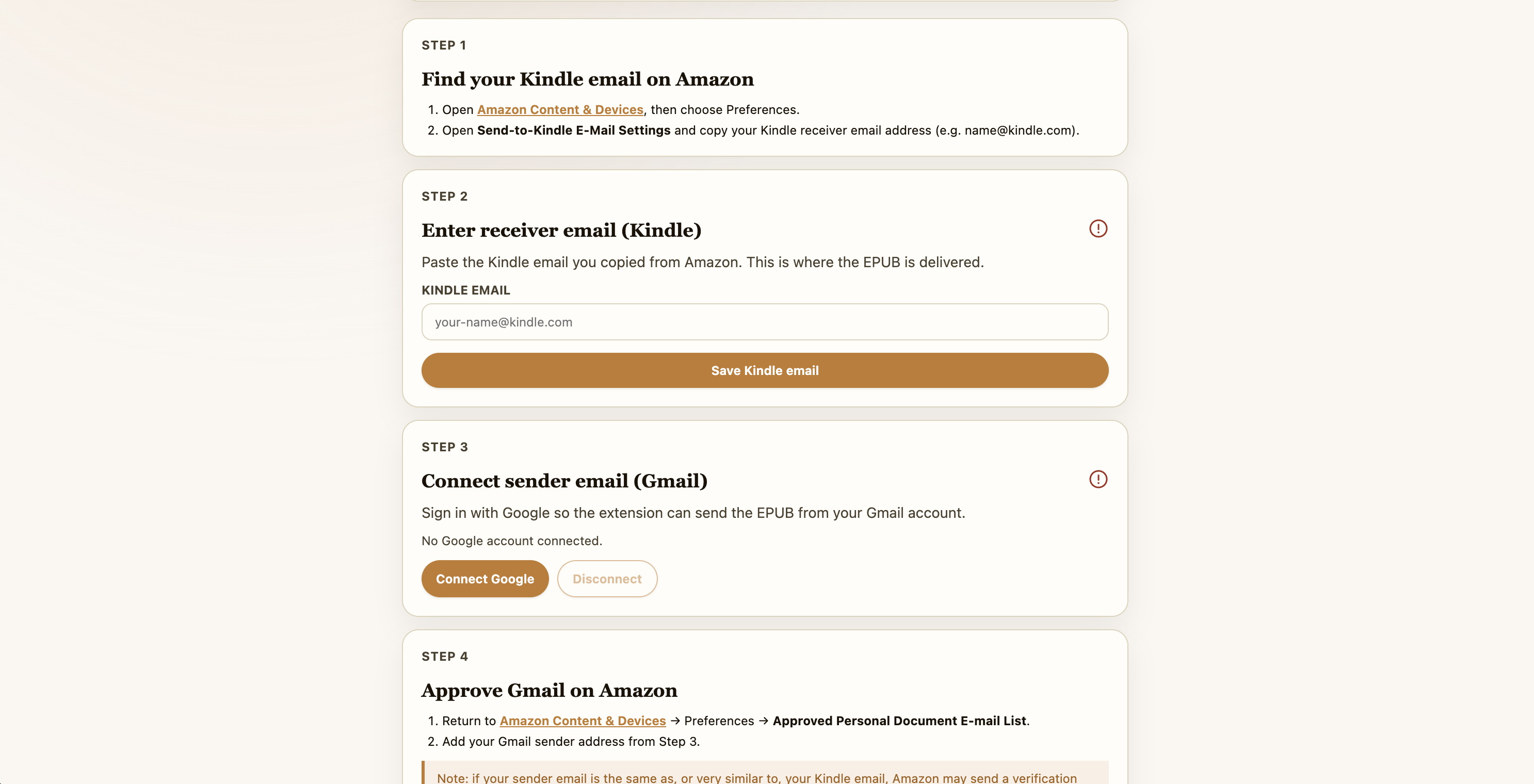 Send Web to Kindle settings panel showing the Kindle email field, Gmail field, and 'Sign in with Google' button