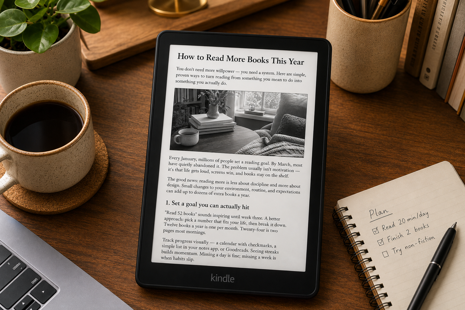 A Kindle e-reader screen displaying an article that was sent from the Chrome extension, showing clean typography and the article title at the top